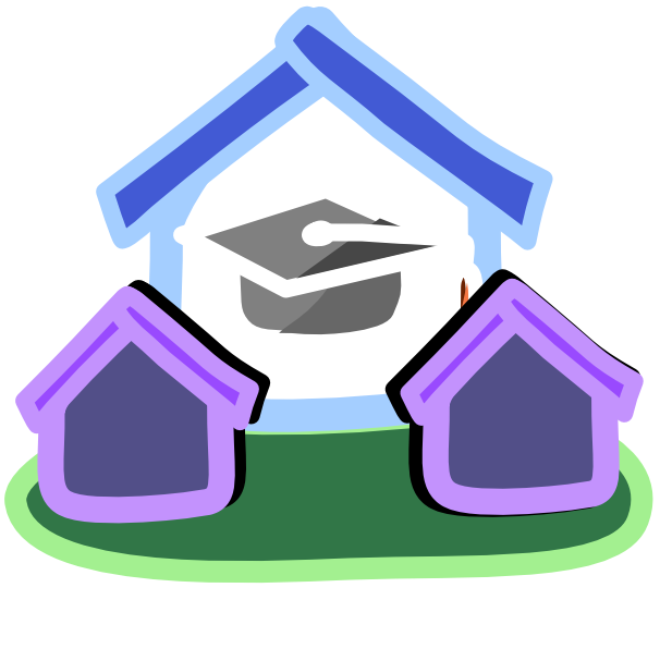 a blue house shape with a grey graduation cap inside it outlined in white. infront of the blue house is two small purple houses, one on each side. and green under the houses. The image has light line art.